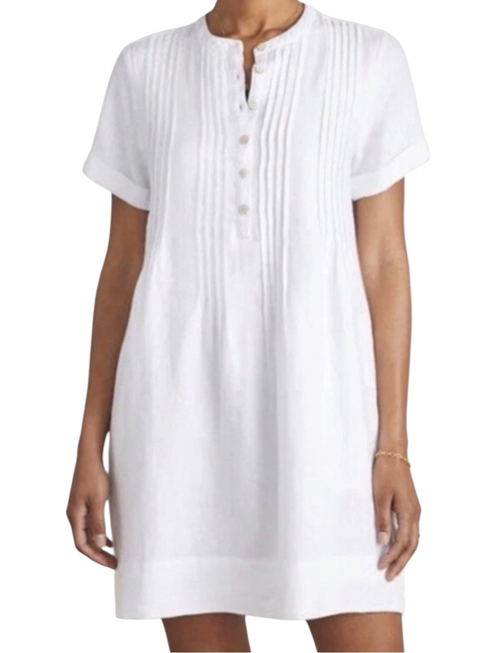 FAHERTY Gemina Linen White Pintuck Button-Front Short Sleeve Dress Size Medium